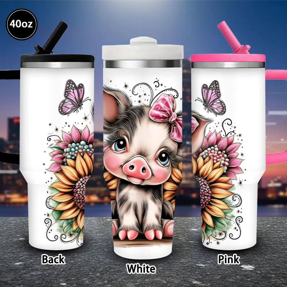 40 oz Cute Pig Vacuum Flask Tumbler with Sunflowers, Butterflies, Lid & Straw - Winter Insulated Travel Mug, Ideal Gift for Women (Valentine’s Day, Easter, Birthdays) - Suitable for Iced/Hot Coffee (1 Pc), Flasks