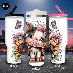 1 pc 40 oz cute pig tumbler with sunflowers and butterflies, with lid and straw; winter insulated travel mug; gift for women and men; ideal for Valentine’s Day, Easter, and birthdays; suitable for iced or hot coffee
