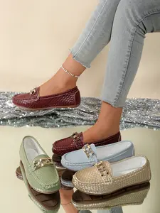 Women's Loafers, Woven Texture Metal Buckle Flat Shoes, Slip-On Comfortable Single Shoe, Casual Daily Commute and Leisure Wear, Slip On Flats