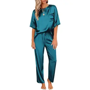 Womens Satin Silky Pajama Set Short Sleeve Shirt with Long Pajama Pant Set Soft PJ Loungewear Fashion Nightwear Womenswear Loose Stretchy Homewear Pyjamas Army Green