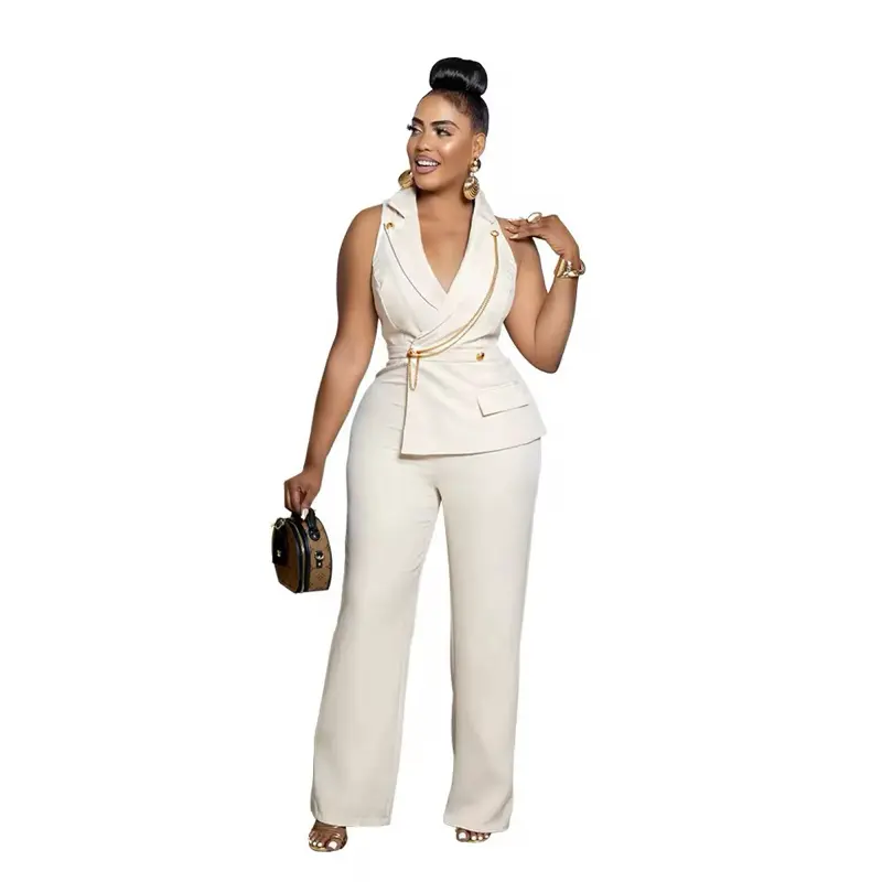 Women’s Elegant Sleeveless Blazer Jumpsuit Set with Gold Chain Detail and Wide Leg Pants for a Chic Look Rompers Womenswear Wideleg