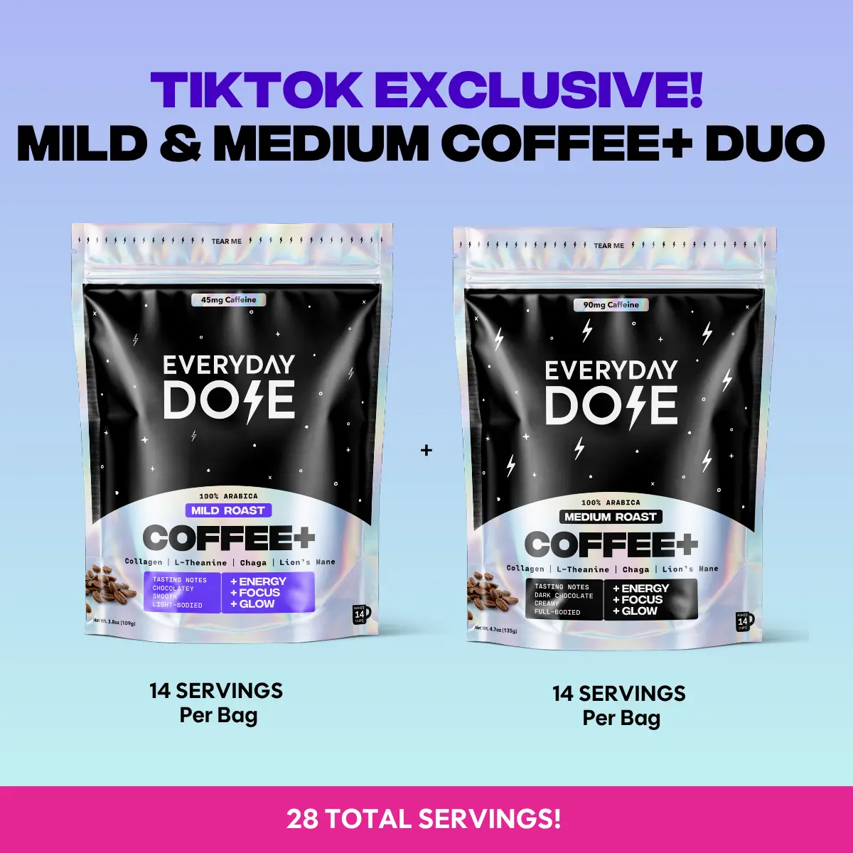 Everyday Dose Coffee+ Mild and Everyday Dose Coffee+ Medium Roast Beverage | Coffee Blend with Lion's Mane, Chaga, L-Theanine, and Collagen Protein | 14 Serving
