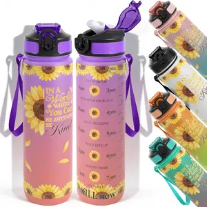 1pc,32oz Water Bottle Sunflower Inspirational Quote Be Kind Design Durable  Leak-Proof 1000ml Time Marker Water Bottle - Shatter-Resistant for Sports, Fitness, Hiking & Outdoor Travel - Large Ca