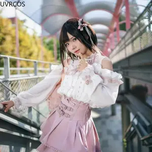 2025 Japanese Kawaii Short Skirt Sets Sweet Ruffles Off Shoulder Bow Shirt Gown Faldas Aesthetic Mini Skirts Lolita Full Set