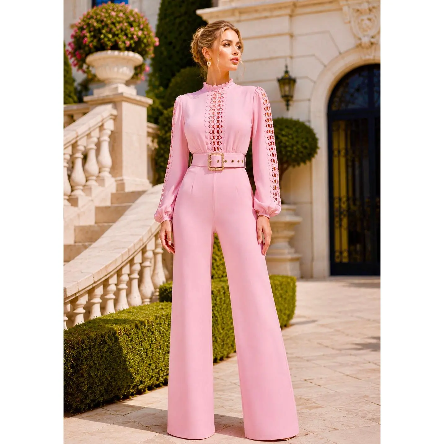 ROSAURA Baby Pink Crochet Lace Jumpsuit | Luxury Long Sleeve Wide-Leg One-Piece for Women