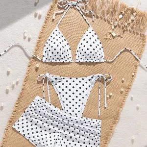 Women's Retro Polka Dot Bikini Three Piece Set Neck Hanging Triangle Cup Top With Suspender Summer Beach Vacation Sexy Swimsuit