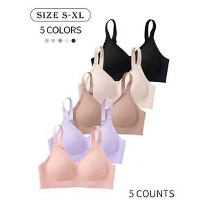 5 Pack solid color seamless jelly women's underwear XS-XL, daily casual and work wear, skin-friendly, padded bra with four-row three-hook closure, supportive, yoga sports back, Wirefree Bras, wireless seamless women's bra