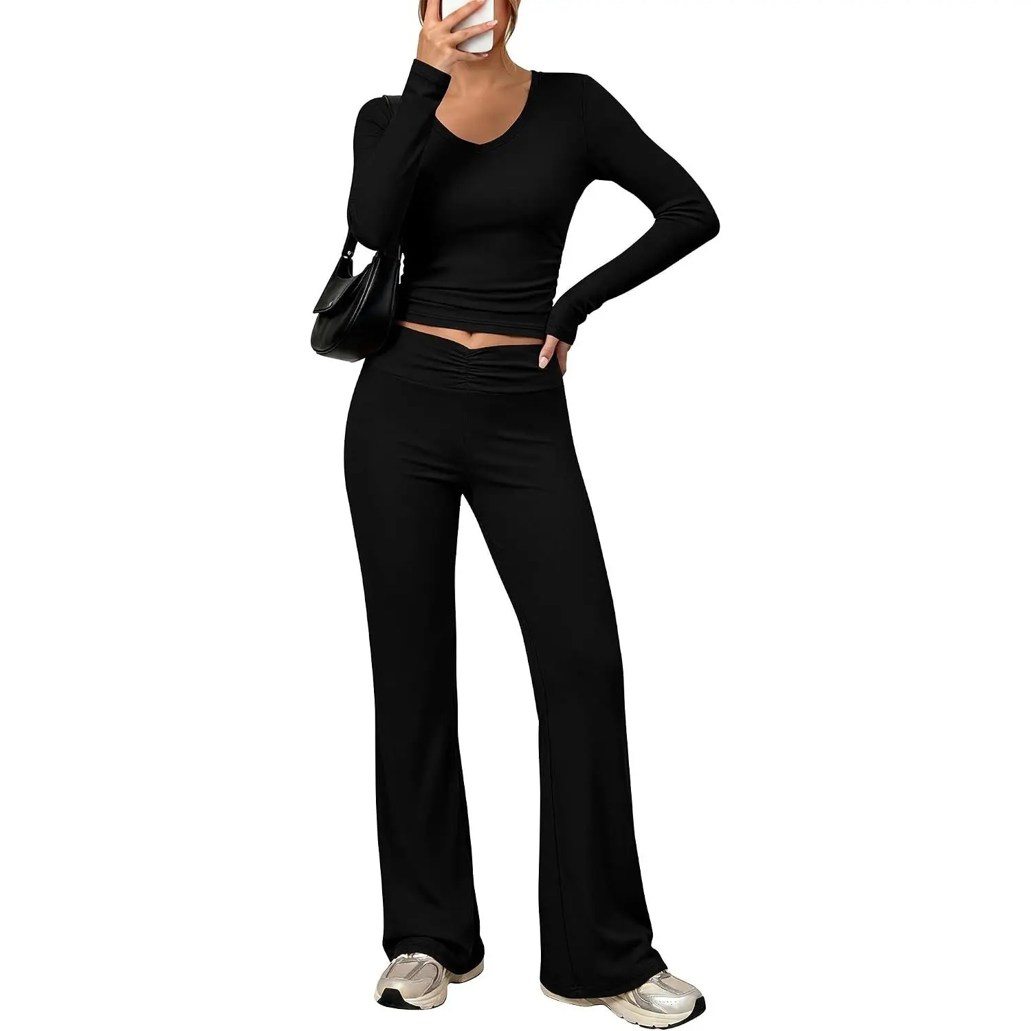 ANRABESS Womens V Neck 2 Piece Lounge Matching Sets | Long Sleeve Ruched Top & High Waist Flare Pants, Soft Stretch Breathable Fabric, Yoga Workout Casual Wear, Fall Winter Clothes