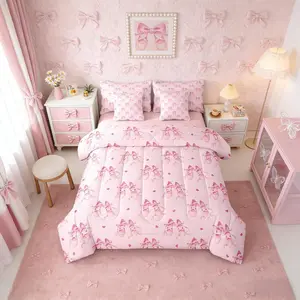 Bowknot Ballet Shoes Pink Girly 7 Piece Bedding Set,Ribbon Kawaii Cute Comforter Bed Set with Sheets,Love Hearts Girls Bed Bag,Kids Children Bed Set