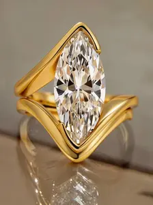 Effinny Tarnish-resistant 4.0ct 14K Gold Plated Marquise Wrap Ring – Sculpted Double Band Design, S925 Sterling Silver Promise Ring, 5A CZ Women's Ring for Daily, Wedding, Party