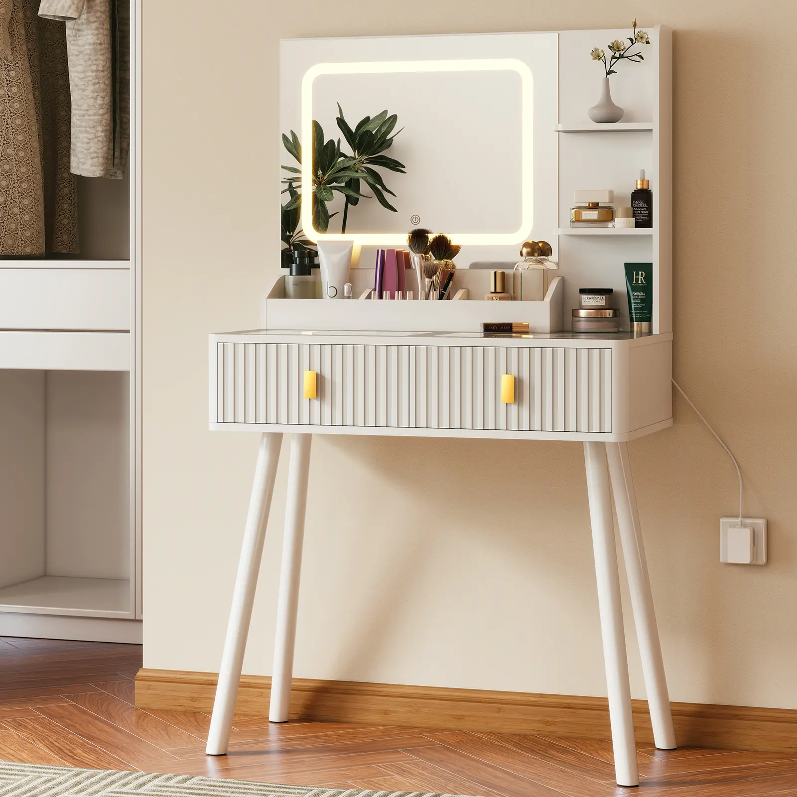 TikTokShopBlackFriday Fluted Vanity Desk with Mirror LED Lights, Makeup Desk with 2 Drawers Storage Shelves, Dressing Table with Transparent Glass Top Built-in Dividers for Bedroom, 31.5 * 15.7 * 53.8in