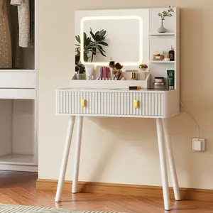 TikTokShopBlackFriday Fluted Vanity Desk with Mirror LED Lights, Makeup Desk with 2 Drawers Storage Shelves, Dressing Table with Transparent Glass Top Built-in Dividers for Bedroom, 31.5 * 15.7 * 53.8in