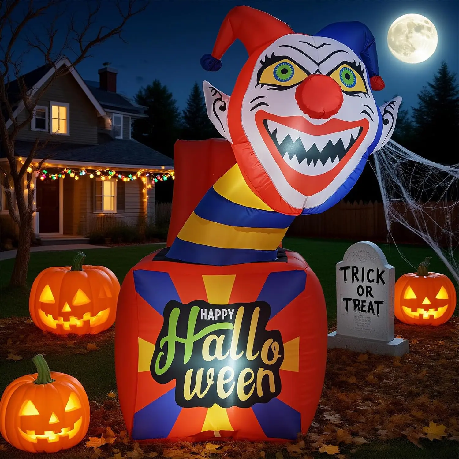 COSTWAY 5 Ft Halloween Inflatable Clown, Blow up Circus Clown Box Decoration with LED Lights, Ground Stakes, Lighted Holiday Yard Decoration for Indoor, Outdoor Porch, Lawn, Garden