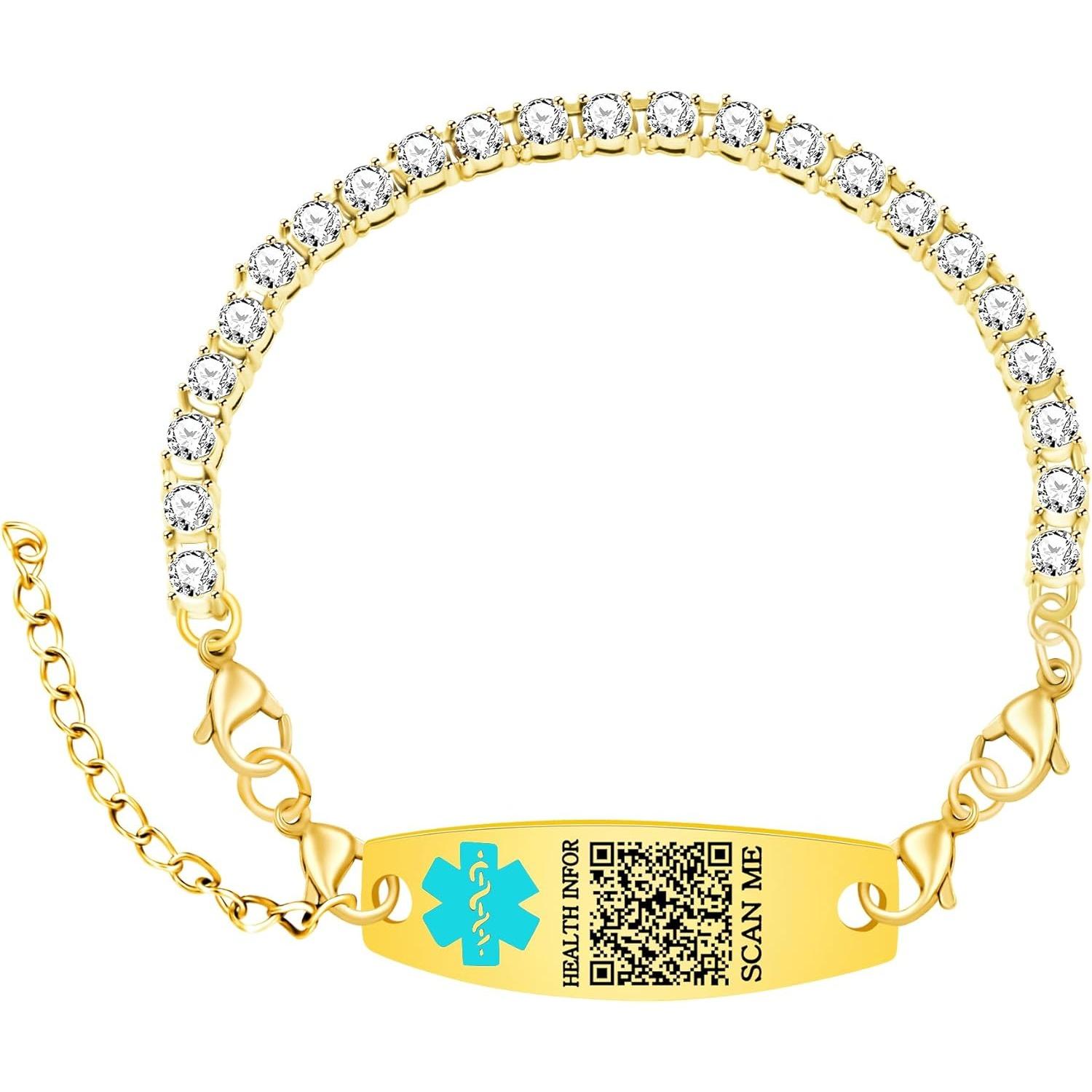 Uloveido Customizable QR Code Medical Alert Tennis Bracelet, Silver and Gold Color Options, Personalized Engraved Health ID Jewelry, Scannable Emergency Contact Wristband for Women