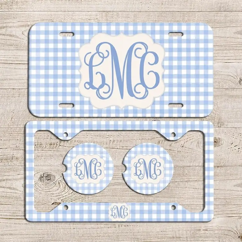 Personalized Blue Gingham License Plate Set, Custom Monogram Car Tag, Matching License Plate Frame, Preppy Car Accessories
