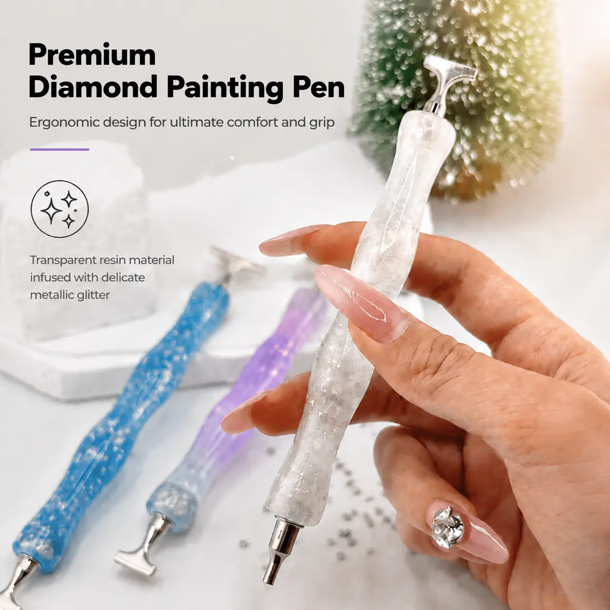 Dreamy colorful diamond painting resin dotting pen, unique curved barrel design—beautiful and practical, an essential for handmade DIY projects