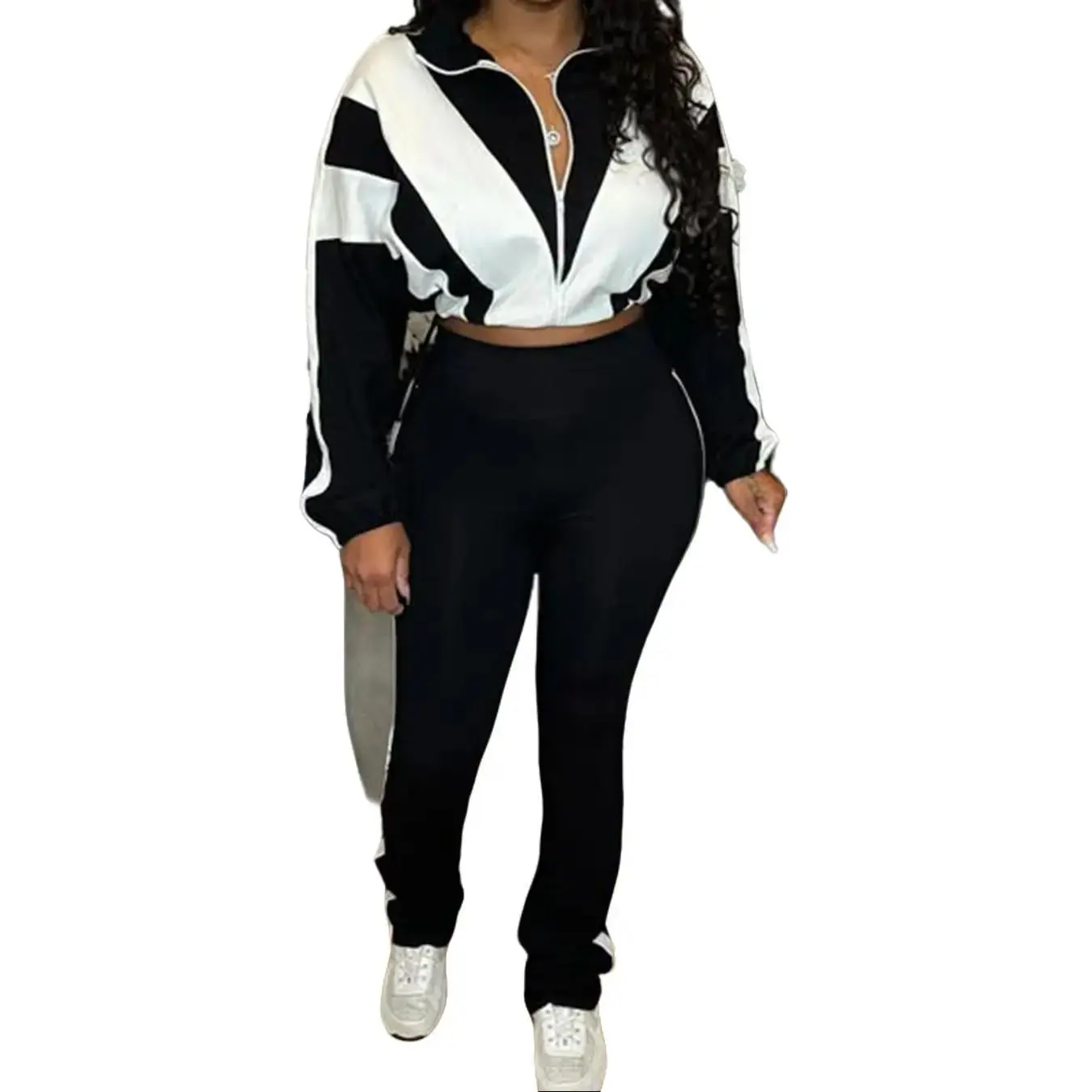 Adore Set - Black and White Striped Jacket with Matching Pants for Women's Wear