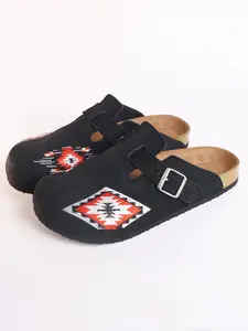 Navajo Embroidered Mule Shoes for Men,classic clogs slip-on Ethnic Pattern Cowhide Upper, Rubber Sole, Less Than Ankle Height, All Seasons