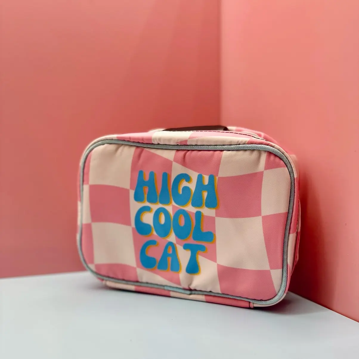 Highcoolcat Pink Checkered Lockable Stash Bag with Removable Velcro Inserts and Mesh Zippered Pocket