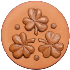 060 Shamrocks Rycraft 2" round Cookie Stamp with handle and glaze, for decorating cookies and fondant as well as paper and clay crafts. Handmade in the USA since 1968.
