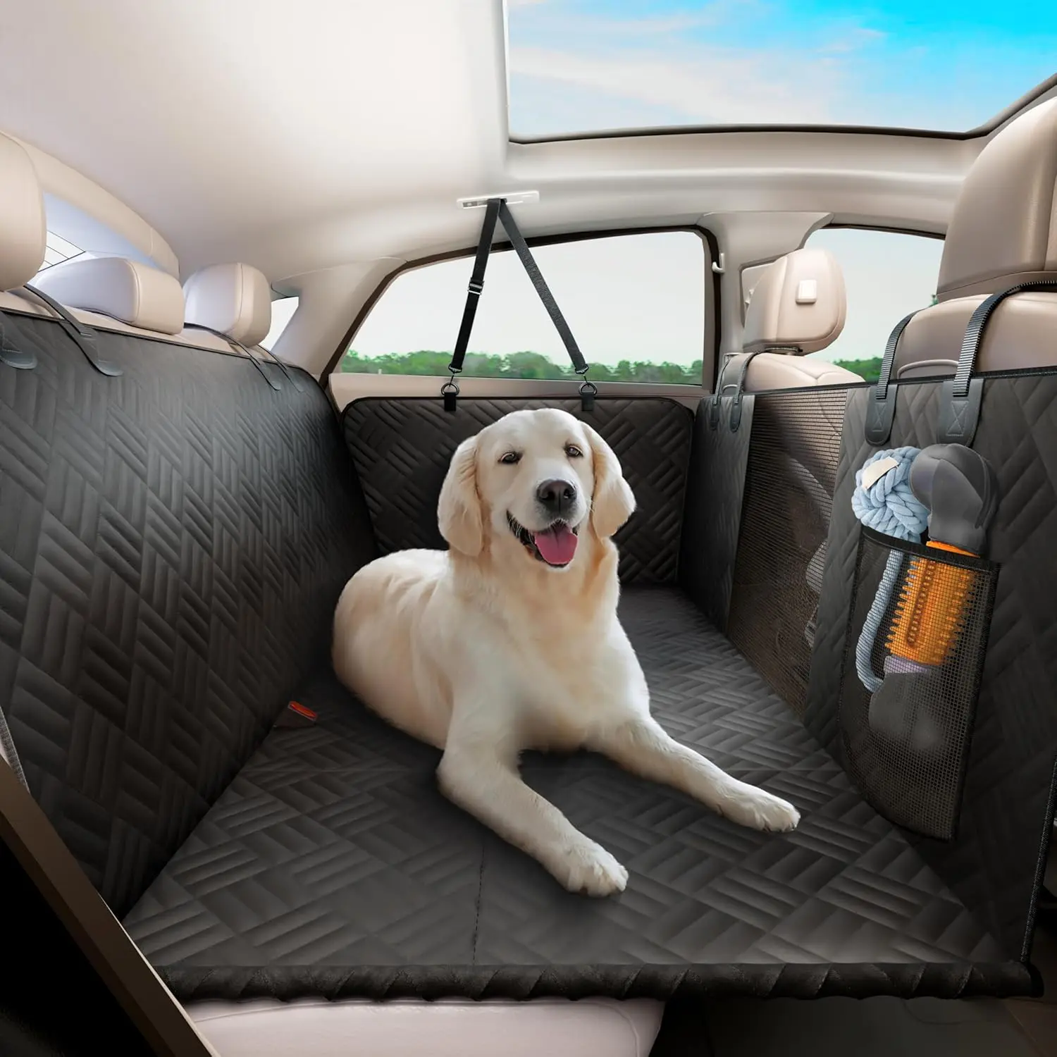 ELLINI Dog Car Seat Cover for Back Seat Hard Bottom Extender Holds 400lbs 600D Heavy Duty Scratch-Proof Waterproof Hammock for Car SUV