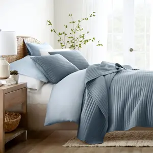 Stripes Floral and Diamonds Quilted Coverlet Set With Shams - Becky Cameron, Stripe Stitch  / Dusk Blue, Twin/Twin Extra Long