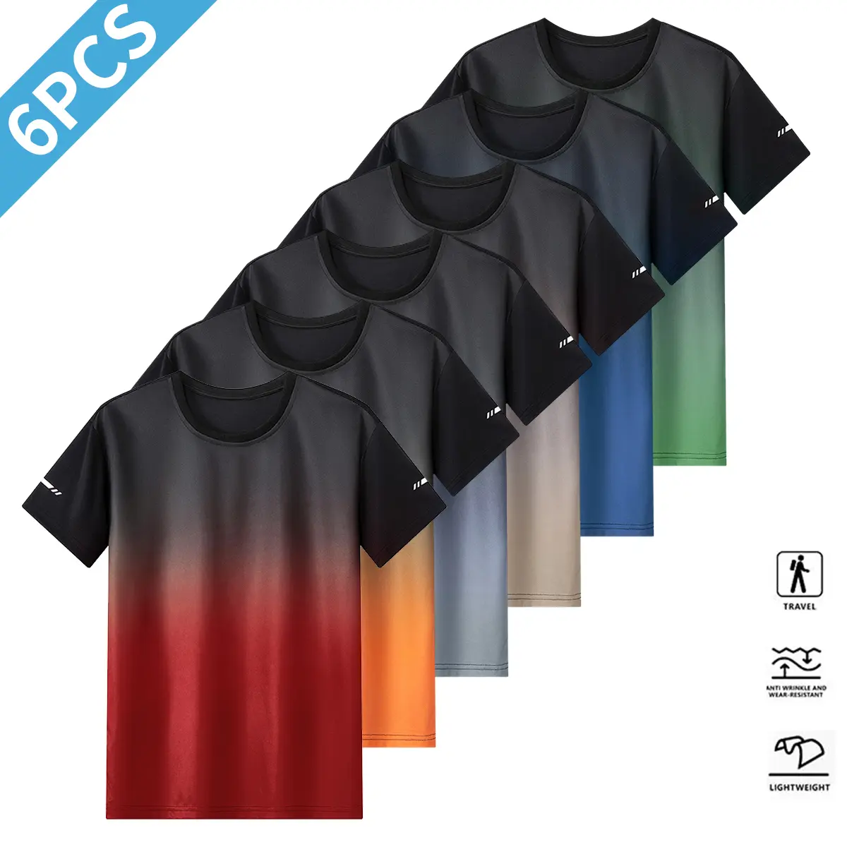 Men’s 6-Piece Fitness Crew Neck T-Shirt Set – Stylish gradient design suitable for everyday wear, casual outings, perfect for gym workouts, running, and outdoor activities Men’s 6-Piece Fitness Crew Neck T-Shirt Set – Stylish gradient design suitable for everyday wear, casual outings, perfect for gym workouts, running, and outdoor activities