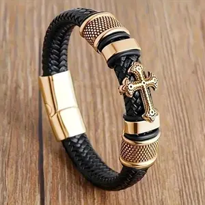 Men's Braided Leather Cross Bracelet 2025 - Durable Texture Vintage Metal Cross Textured Bead Accents 24cm Length Magnetic Clasp Classic Design Thoughtful Gift for Him MensFashionBracelet2025