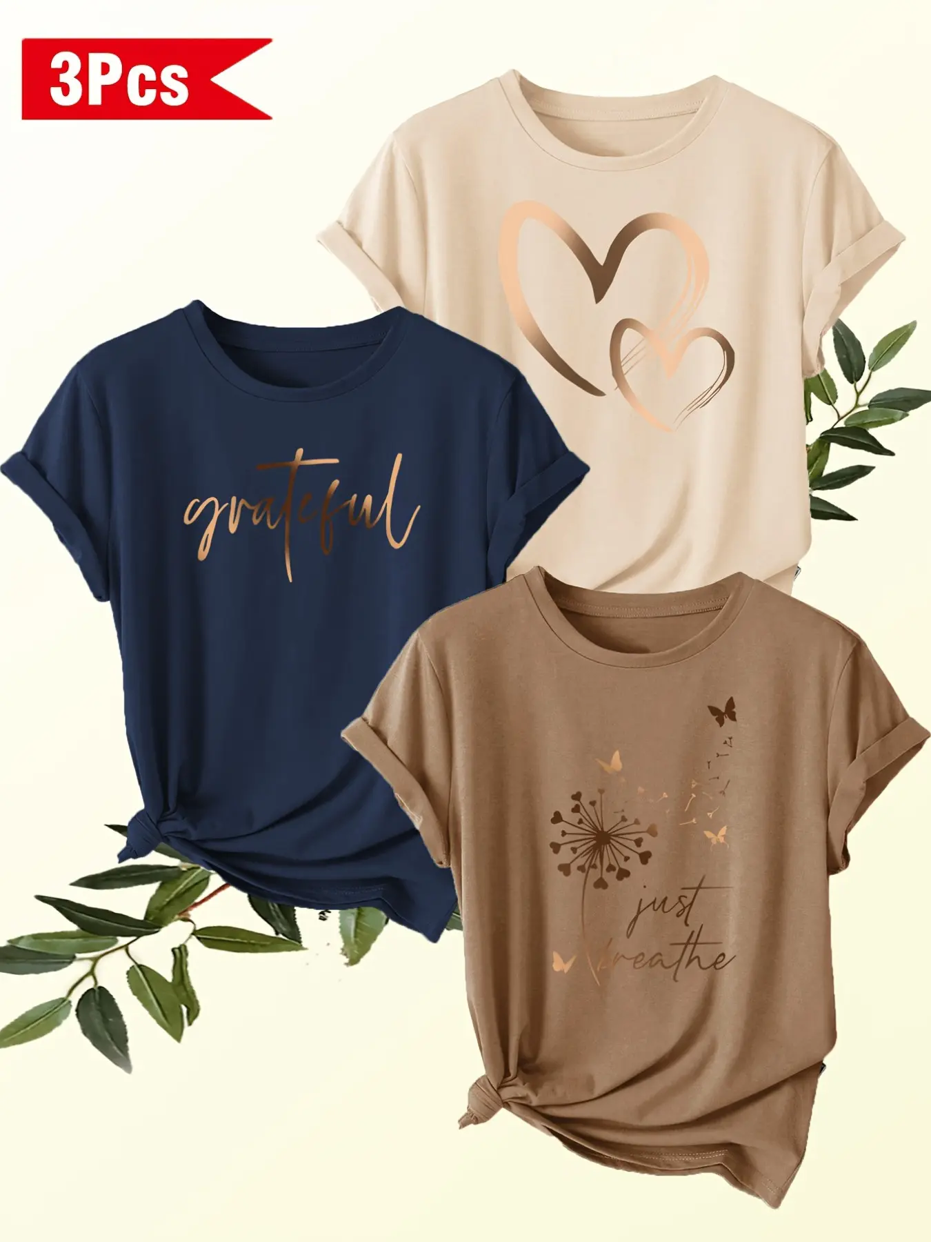 Women's 3-Pack Round Neck Short Sleeve T-Shirts Top, Casual, Summer, Gold Gradient Hearts Print, Soft Stretch Fabric, Comfortable and
