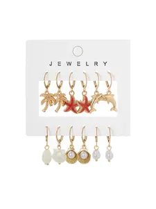 6 Pairs of Ocean Style Combined Earrings, Coconut Tree, Starfish, Dolphin, Shell and Pearl Earring Set