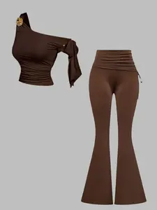 Summer Fashion Women's Asymmetrical Metal Floral Buckle One-Shoulder Top, Pure Color Slimming Waistcoat, Drawstring Adjustable Wide Leg Pants Set