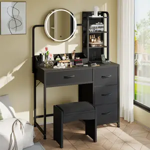Modern Vanity Desk with LED Mirror & 3-Color Lights, Charging Station, Power Outlet, 4 Fabric Drawers, Storage Shelves, Makeup Table for Women & Girls Bedroom - White
