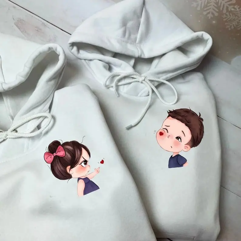 Cartoon Couple Matching Hoodies - Custom Embroidered Sweatshirts for Partners