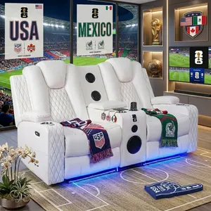 【World Cup】Deluxe Theater Style Motion Loveseat with LED Lights White/Air Leather