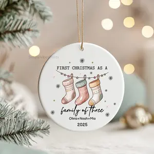 Custom First Christmas as a Family of Three Ceramic Ornament Round Holiday Decoration 2025 Personalized for New Parents & Growing Families