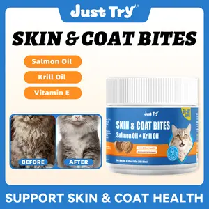 Just Try 300 Bites Skin & Coat Bites For Cats - With Salmon Oil & Krill Oil, Omega-3 for Shiny Fur - Chicken Flavor - Cat Supplements 6.35 oz