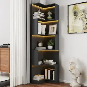 Bellemave Wooden Corner Shelf - 5-Tier L-Shaped Freestanding Fitting with Baffle, LED Lights, 25kg Capacity, for Home Office, Living Room Decor
