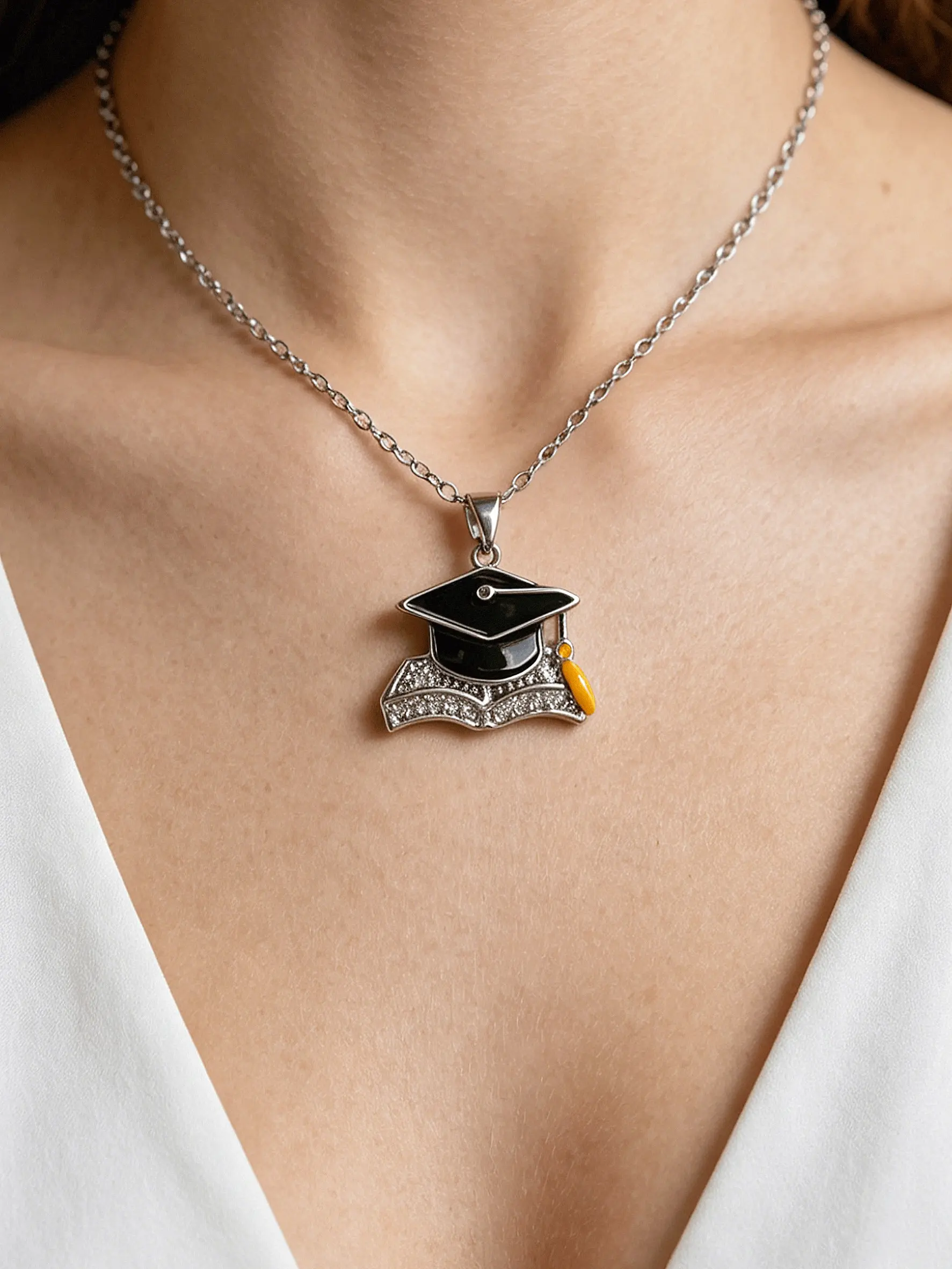 Luxury Zircon Graduation Necklace, Stainless Steel Chain, Casual Style, Unisex Jewelry, Perfect Gift for Friends and Students, Accessory Necklace