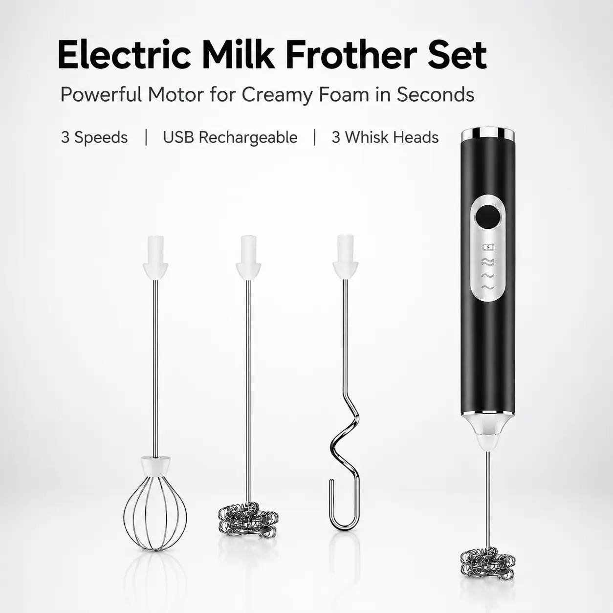 Portable Handheld Electric Milk Frother - Rechargeable 1500mAh USB-Charged Adjustable Mixer with 3 Stainless Steel Heads, 3 Speeds Whisk, Compact Kitchen Fixture Accessory for Latte, Protein Powder Mixing (15-20s Creamy Foam, Midnight Black/Pearl White)