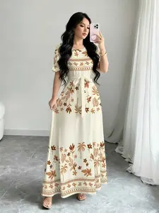 Women's Floral and Geometric Digital Print Round Neck Short Sleeve A-Line Dress, Summer Slim Fit Dress, Elegant Evening Gown, Chic Formal Dresses, Womenswear