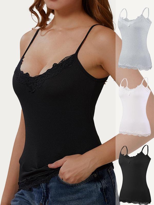 Women's Contrast Lace Cami Top, Casual Comfy Cami, Casual Soft Comfortable Breathable Sleeveless Spaghetti Strap Top for Daily Wear, Ladies Sleepwear for All Seasons, Clothing
