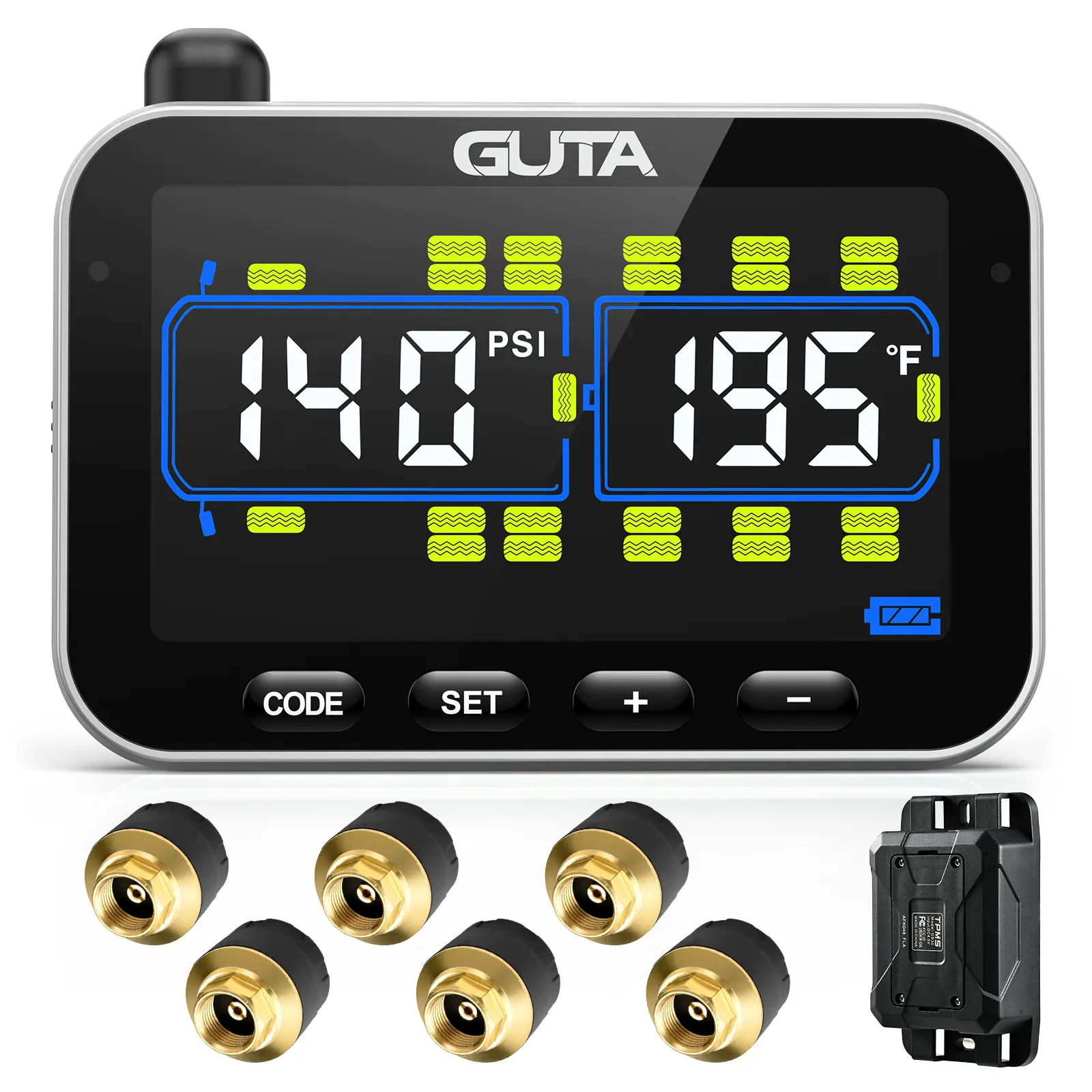 GUTA Tire Pressure Monitoring System, TPMS with 6 Sensors for Construction Vehicles, Color LCD Display, Signal Booster, 0-188 PSI Tire Pressure Monitor for Excavators, Wheel Loaders, Mining Vehicles