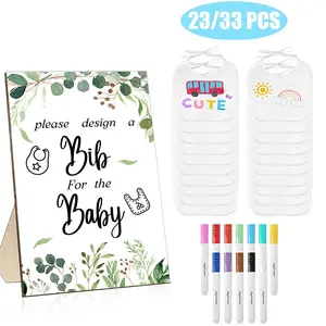 23/33 Pcs BabyShower Games Sign Kit, Decorating Blank Bibs Kit Ideas, Includes 1pc Game Sign 12pcs Markers And 10/20pcs White Bibs, DIY BabyShower Activity Kit for Gender Reveal Party Supplies, Party Decoration Supplies