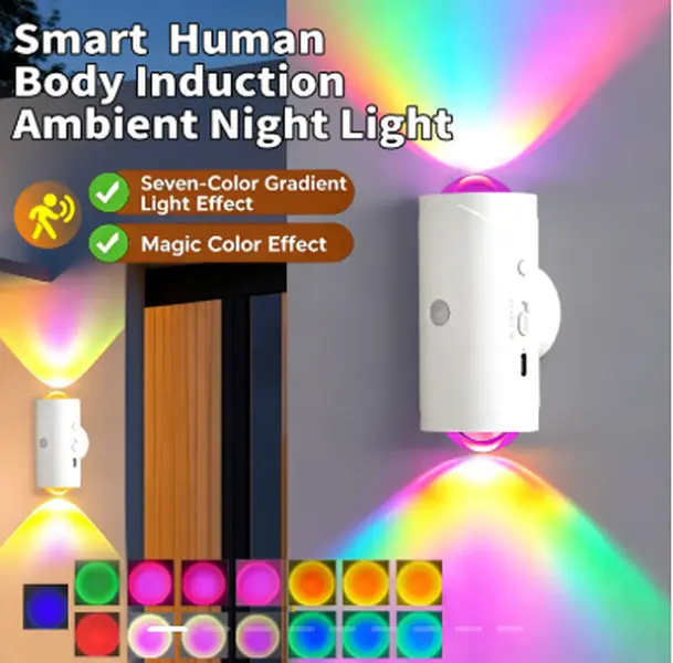 Smart Rechargeable LED Night Light with Motion Sensor – RGB Gradient Ambient Lighting, Dimmable Wall Lamp, Magnetic & Stick-On Design, USB Convenient Charging, Long-Lasting Battery, Perfect for Halloween Decor, Bedroom, Stairs, Hallway & Entryway