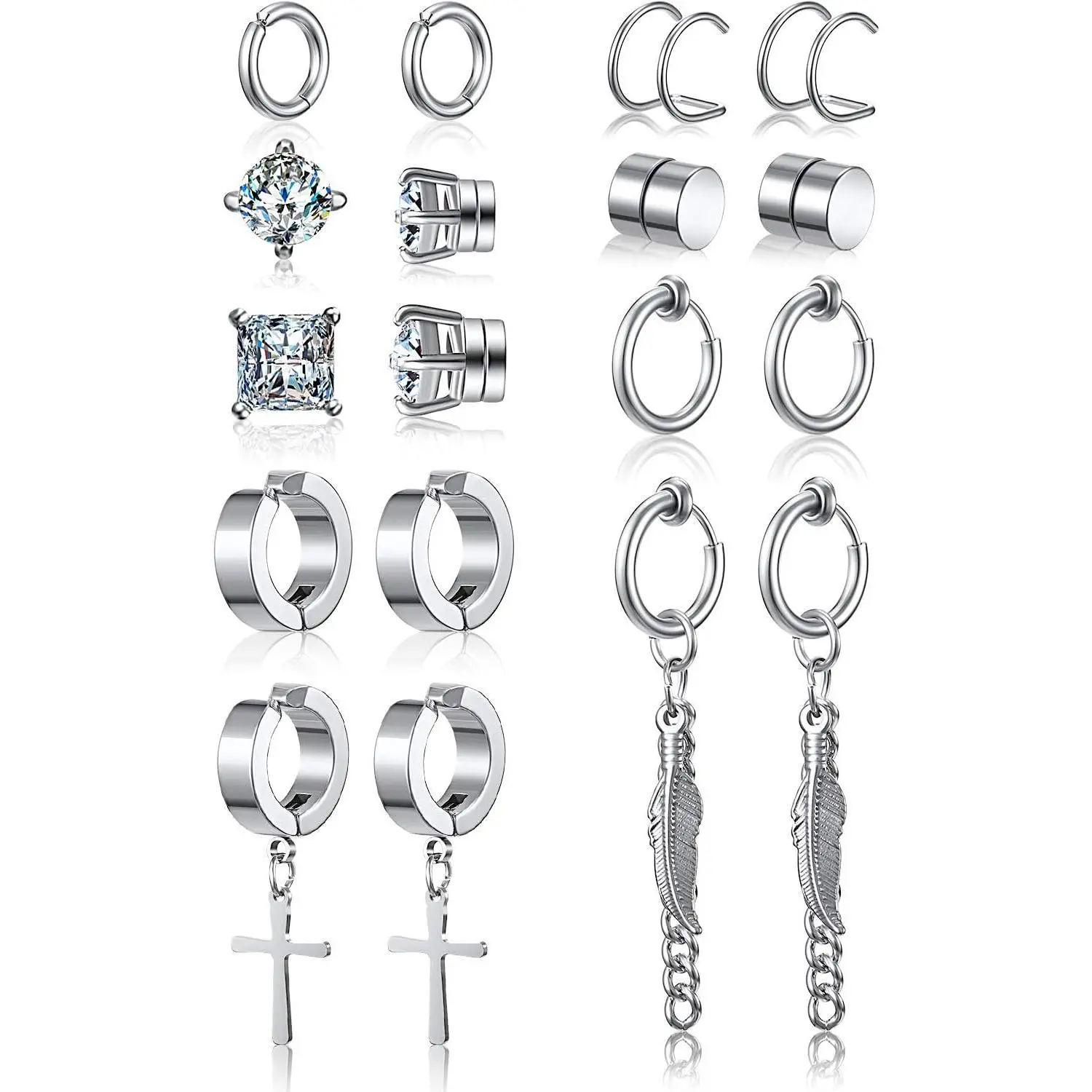 9 Pairs Magnetic Stud Earrings Non Pierced Silver Stainless Steel Feather Dangle Earrings CZ Magnet Earring Hinged Cross Hoop Earrings Set