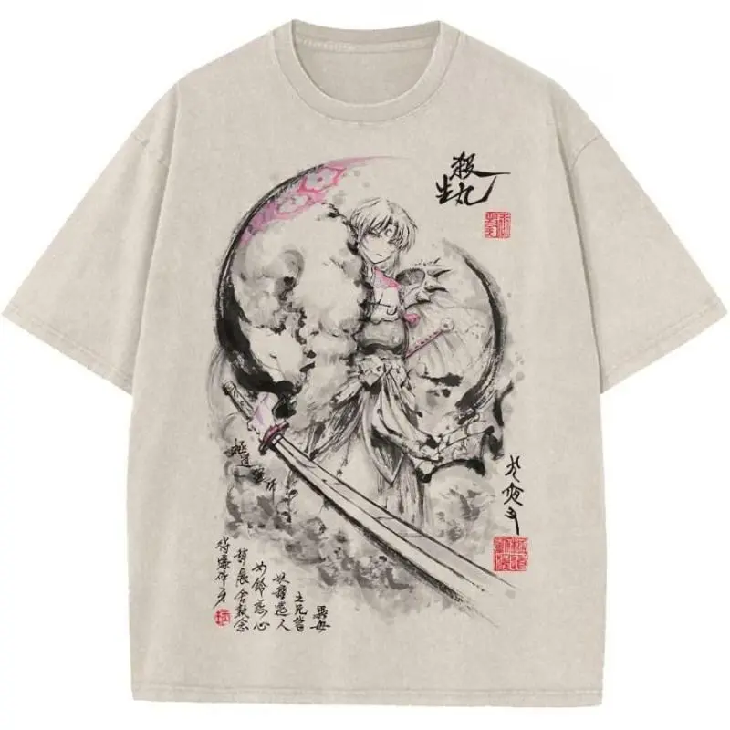 Unisex Crewneck T-shirt with Vintage Distressed Anime Graphic, Playful Oversized Cotton Tee for Festive Streetwear, Menswear, Sportswear, Short, Figure, Crew Neck, Tshirt, Round Neck, Top, Anime Style, Anime Character Print Men's Short-Sleeve T-Shirts, Ca