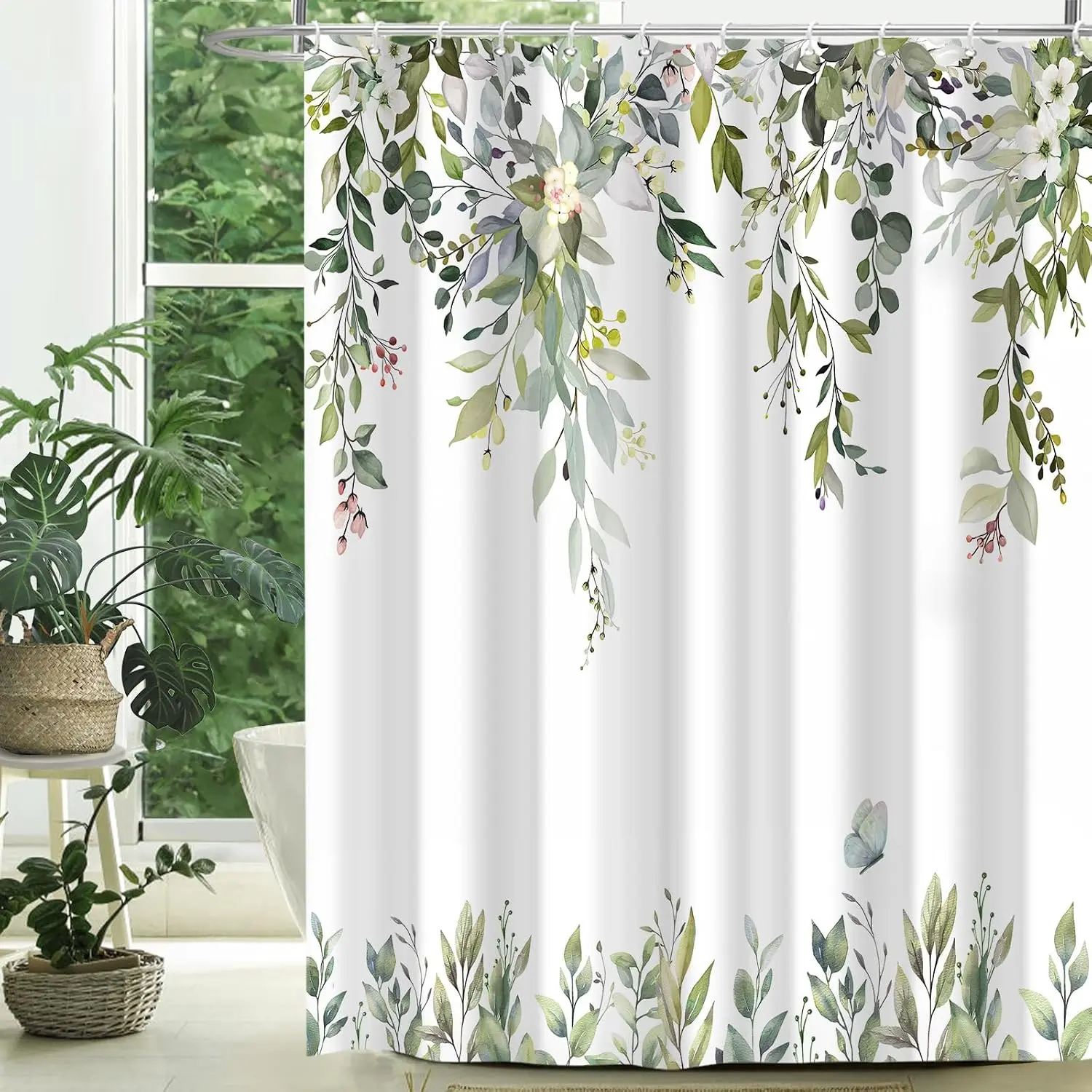Eucalyptus Shower Curtains for Bathroom, Sage Green Watercolor Leaves with Floral Shower Curtain Sets with Hooks, Waterproof Fabric Botanical Hotel Bathroom Decor