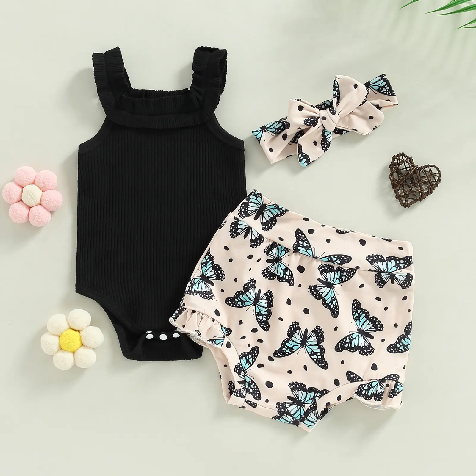 Baby Girls Summer Shorts Set | Sleeveless Romper + Print Shorts + Hairband | 3Pcs