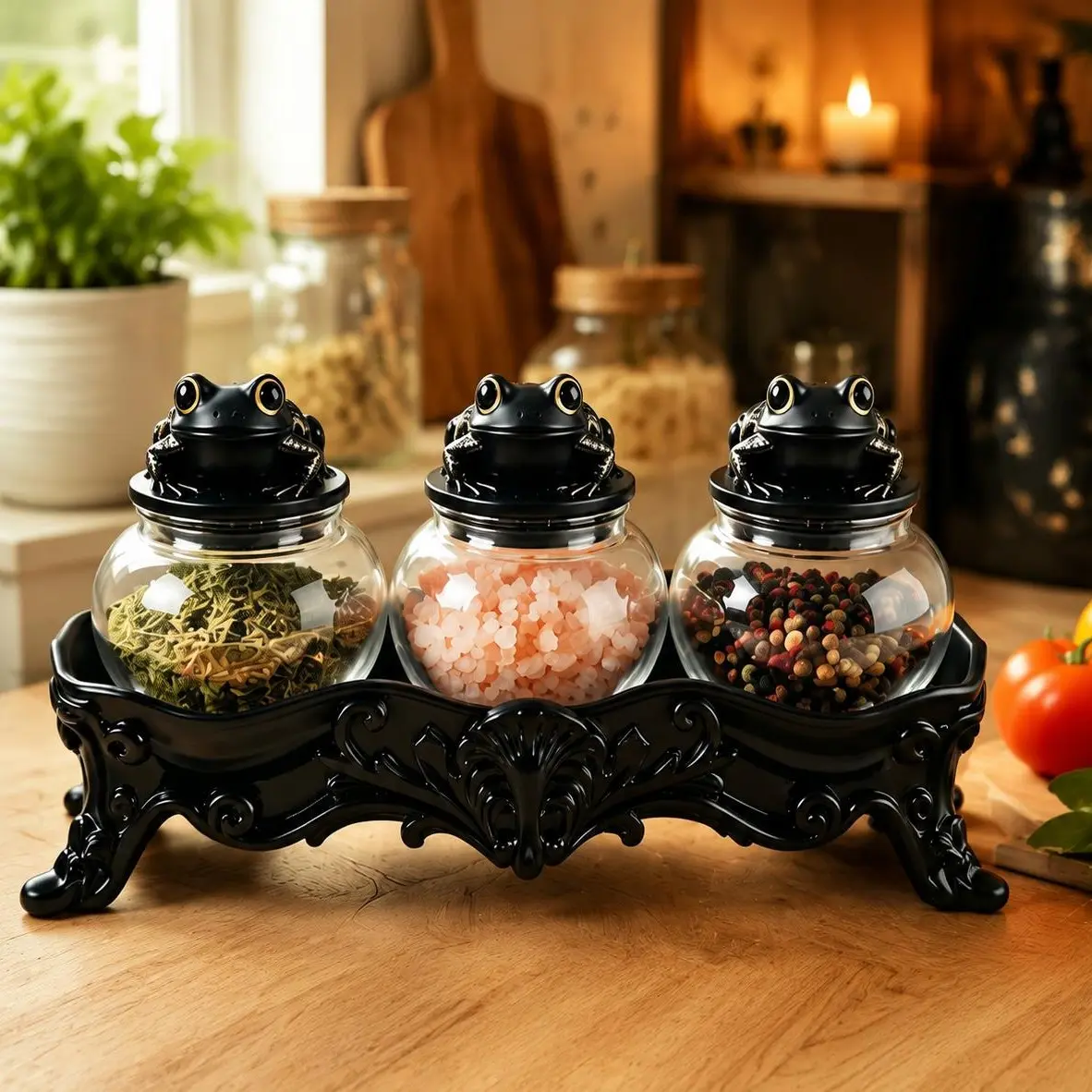 Adorable Frog Top Spice Rack Set, 3 Glass Spice Jars with Elegant Black Stand, Cute Kitchen Decor & Storage Organizer