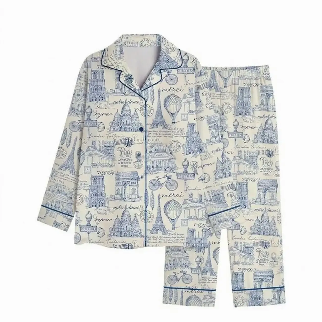 Unisex Pajama Set: Paris Toile Print Sleepwear, Button-Up Lounge Set FGQ